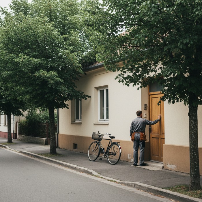 Kisvárosi, utcafronti egyszintes családi ház, világos/okker vakolt homlokzattal, egyszerű barna fa bejárati ajtóval, járda mellett; egy támasztott kerékpár a járdán; érett, teli lombú utcai fák; szürke munkaruhás, barna bőr szerszámövet viselő szerelő hátulról/oldalról látható, egyik keze könnyedén az ajtón pihen.